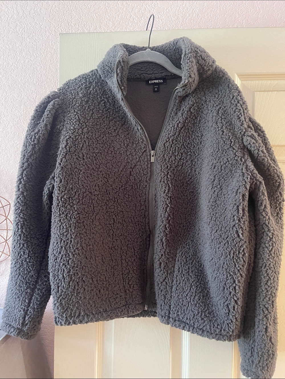 Express Gray Plush Sherpa Zip-Up Teddy Jacket